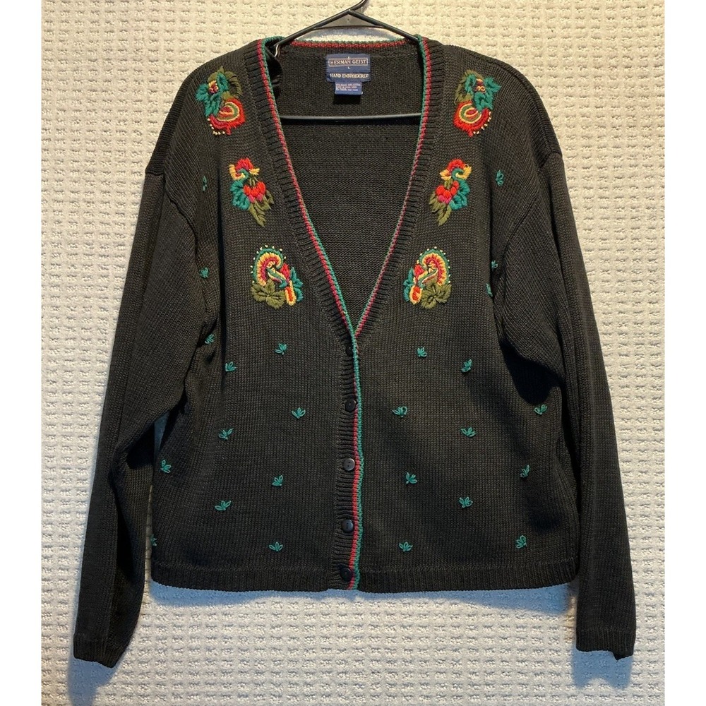 Herman Geist Vintage Cardigan Sweater Hand Embroidered Black Floral Women's Sz L